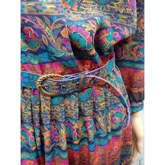 Lady Carol Vintage Dress 80s Paisley Print Belted Secretary Career Boho Size 8 - Picture 2 of 12